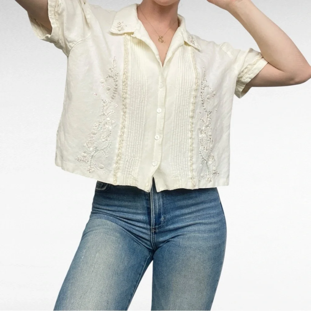 Positive Attitude | Oatmeal Embroidered Linen Blend Cropped Y2K Retro Shirt - Picture 3 of 8